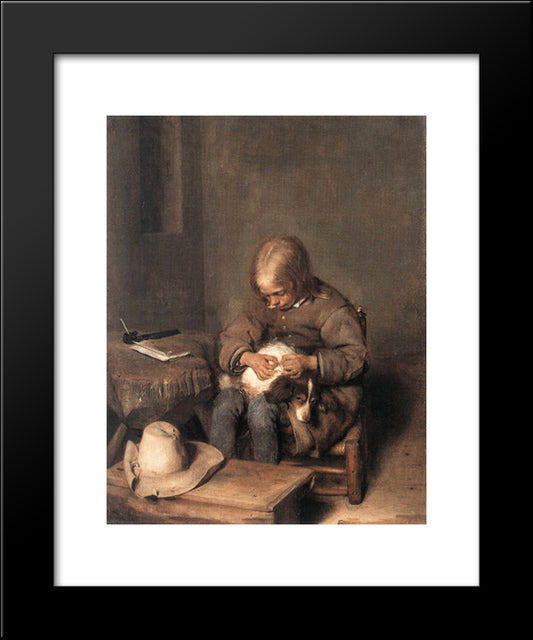 Boy Ridding His Dog Of Fleas 20x24 Black Modern Wood Framed Art Print Poster by Terborch, Gerard