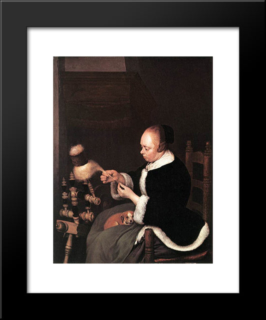 A Woman Spinning 20x24 Black Modern Wood Framed Art Print Poster by Terborch, Gerard