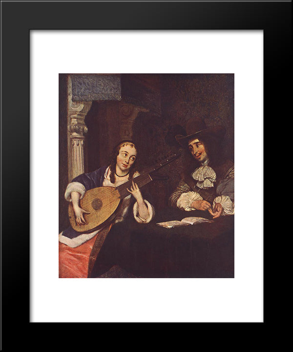 Woman Playing The Lute 20x24 Black Modern Wood Framed Art Print Poster by Terborch, Gerard