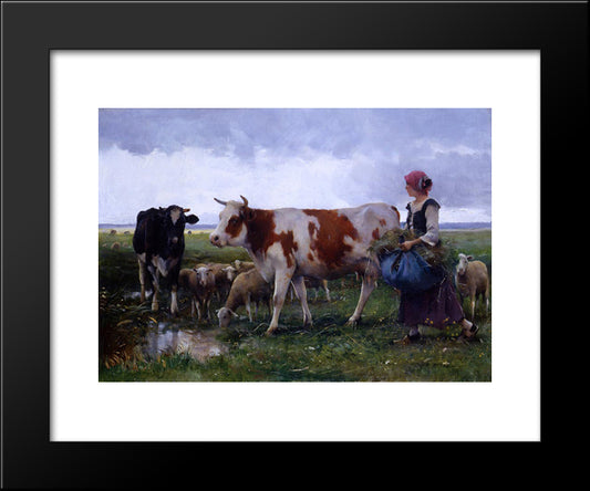Peasant Woman With Cows & Sheep 20x24 Black Modern Wood Framed Art Print Poster by Dupre, Julien
