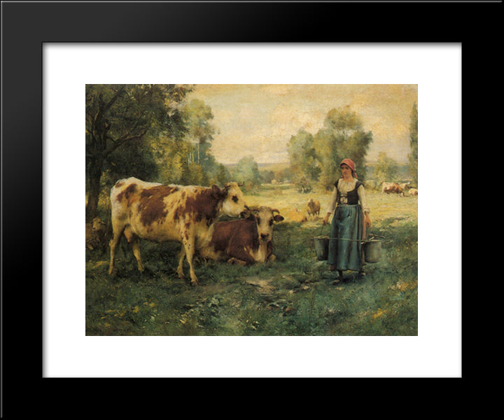 A Milk Maid With Cows And Sheep 20x24 Black Modern Wood Framed Art Print Poster by Dupre, Julien