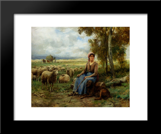 Shepherdess Watching Over Her Flock 20x24 Black Modern Wood Framed Art Print Poster by Dupre, Julien