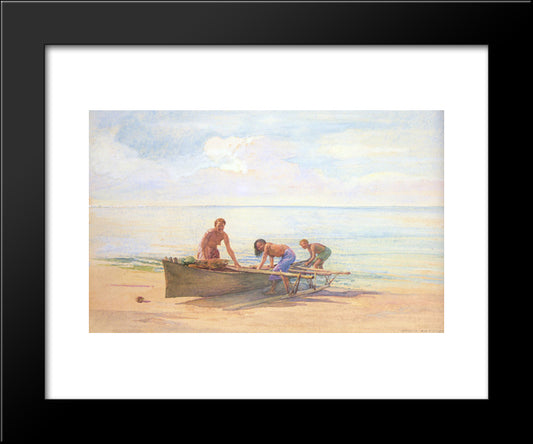 Women Drawing Up A Canoe 20x24 Black Modern Wood Framed Art Print Poster by LaFarge, John