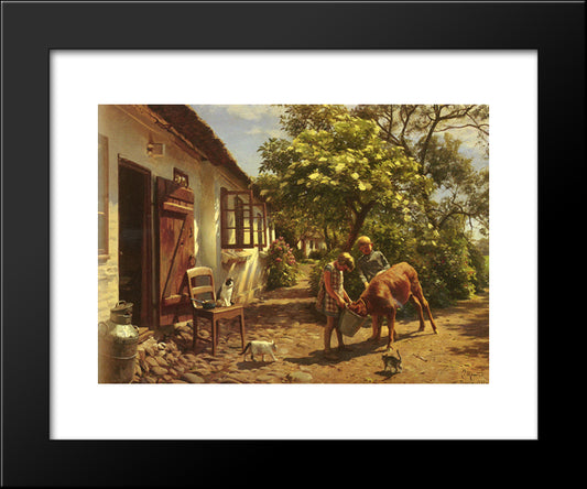 Feeding The Calf 20x24 Black Modern Wood Framed Art Print Poster by Monsted, Peder Mork