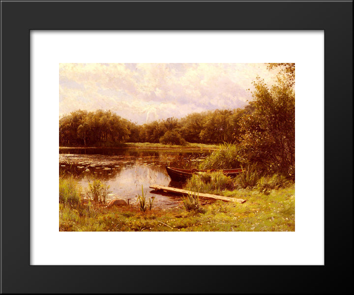 A Boat Moored On A Quiet Lake 20x24 Black Modern Wood Framed Art Print Poster by Monsted, Peder Mork