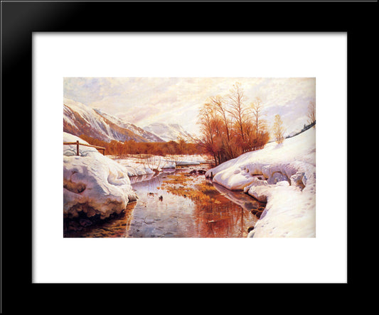 A Mountain Torrent In A Winter Landscape 20x24 Black Modern Wood Framed Art Print Poster by Monsted, Peder Mork