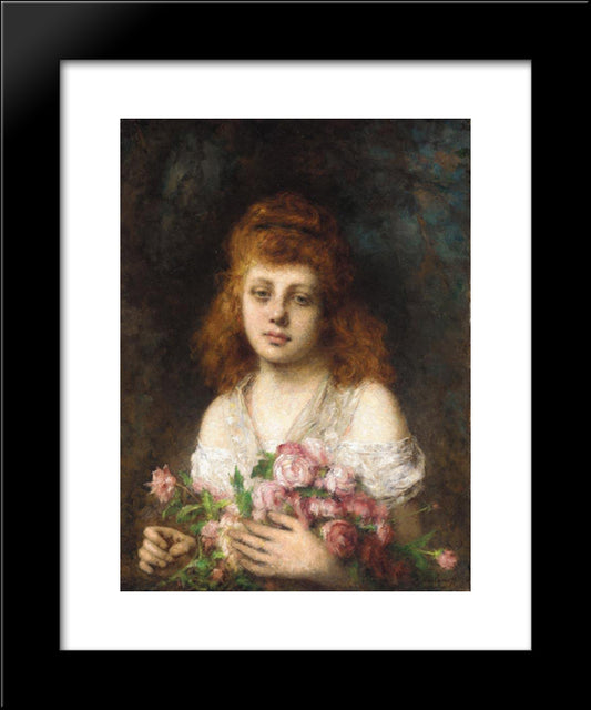 Auburn'Haired Beauty With Bouqet Of Roses 20x24 Black Modern Wood Framed Art Print Poster by Harlamoff, Alexei Alexeivich