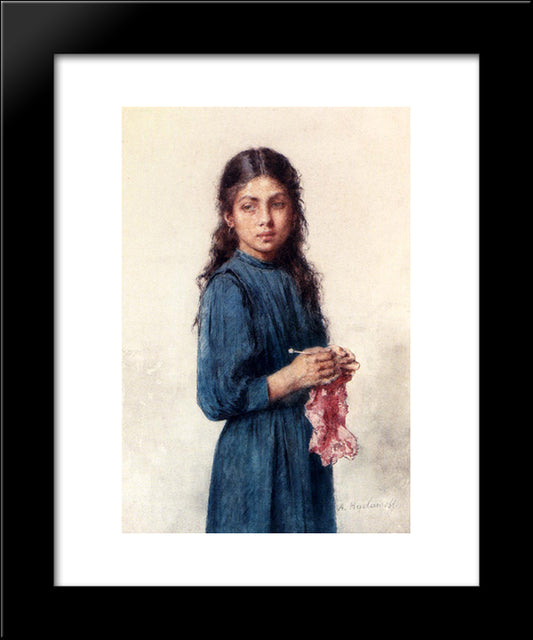 A Young Girl Knitting 20x24 Black Modern Wood Framed Art Print Poster by Harlamoff, Alexei Alexeivich