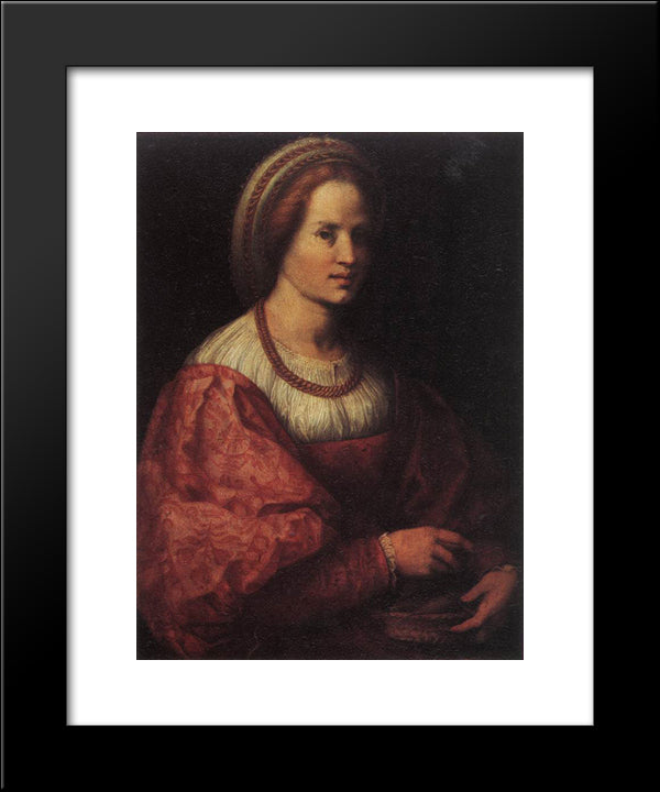Portrait Of A Woman With A Basket Of Spindles 20x24 Black Modern Wood Framed Art Print Poster by Sarto, Andrea del