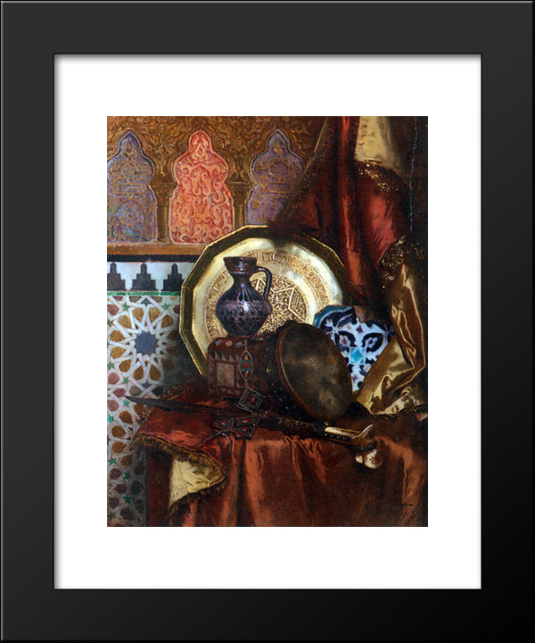 A Tambourine, Knife, Moroccan Tile And Plate On Satin Covered Table 20x24 Black Modern Wood Framed Art Print Poster by Ernst, Rudolf