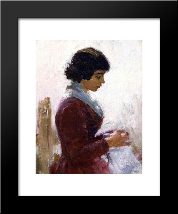 Girl In Red, Sewing 20x24 Black Modern Wood Framed Art Print Poster by Robinson, Theodore