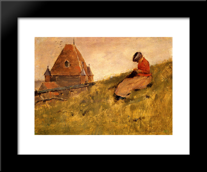 On The Cliff: A Girl Sewing 20x24 Black Modern Wood Framed Art Print Poster by Robinson, Theodore