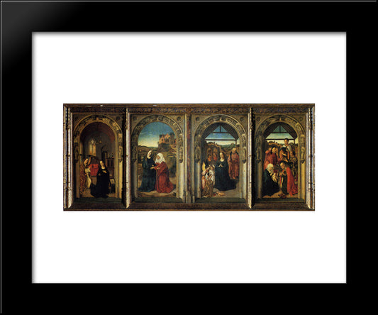 Polyptych Showing The Annunciation, The Visitation, The Adoration Of The Angels And The Adoration Of The Kings 20x24 Black Modern Wood Framed Art Print Poster by Bouts, Dirck