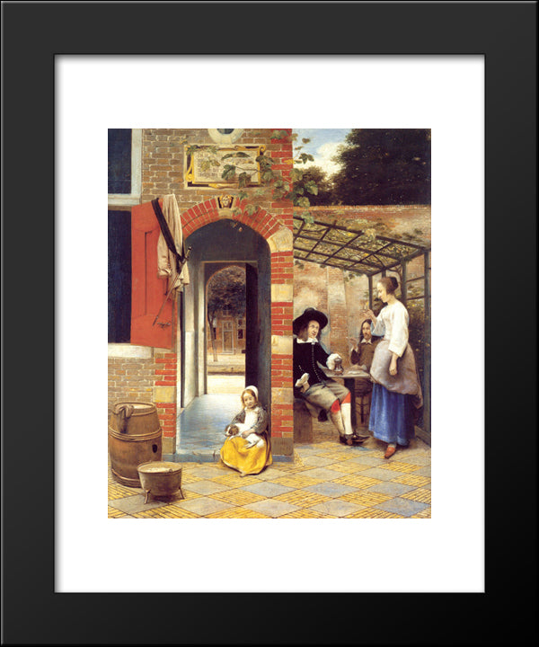 Figures Drinking In A Courtyard 20x24 Black Modern Wood Framed Art Print Poster by Hooch, Pieter de