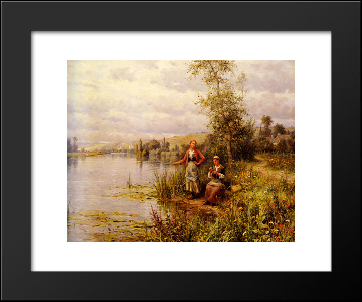 Country Women Fishing On A Summer Afternoon 20x24 Black Modern Wood Framed Art Print Poster by Knight, Louis Aston