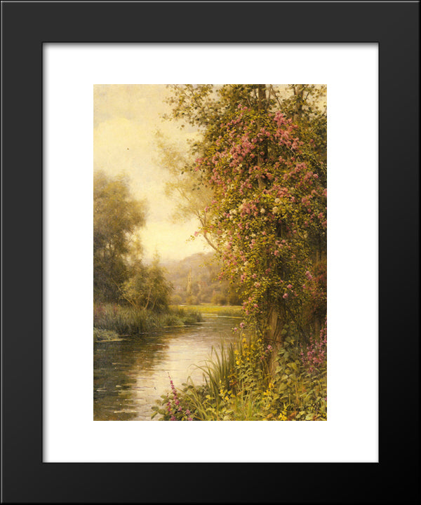 A Flowering Vine Along A Winding Stream With A Country Church Beyond 20x24 Black Modern Wood Framed Art Print Poster by Knight, Louis Aston