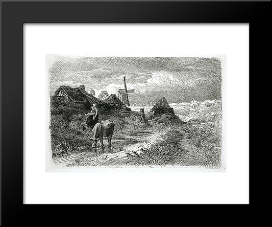 Dutch Landscape With Woman And Cow 20x24 Black Modern Wood Framed Art Print Poster by Achenbach, Andreas