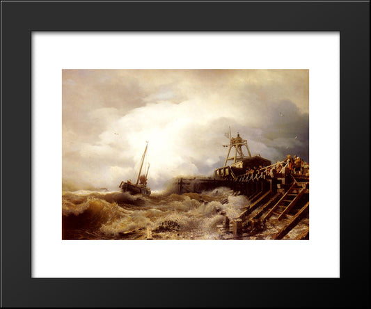 A Fishing Boat Caught In A Squall Off A Jetty 20x24 Black Modern Wood Framed Art Print Poster by Achenbach, Andreas