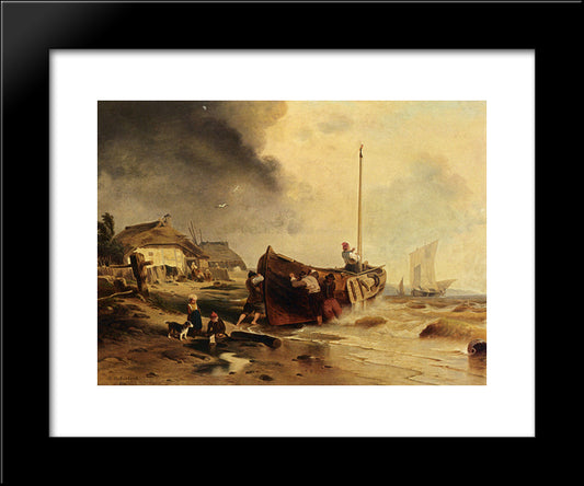 A Fishingboat On The Beach 20x24 Black Modern Wood Framed Art Print Poster by Achenbach, Andreas