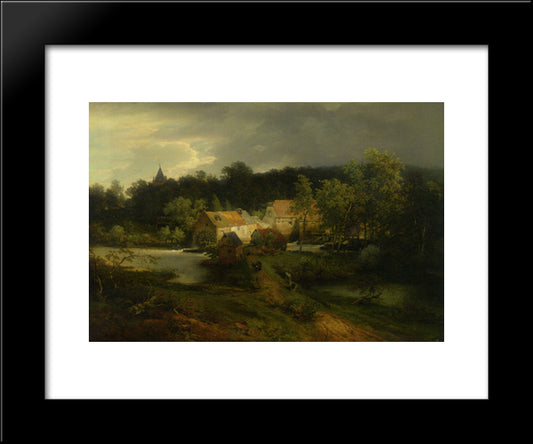 The Watermill In The Village 20x24 Black Modern Wood Framed Art Print Poster by Achenbach, Andreas
