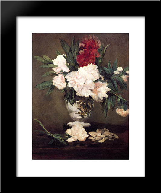Vase Of Peonies On A Small Pedestal 20x24 Black Modern Wood Framed Art Print Poster by Manet, Edouard