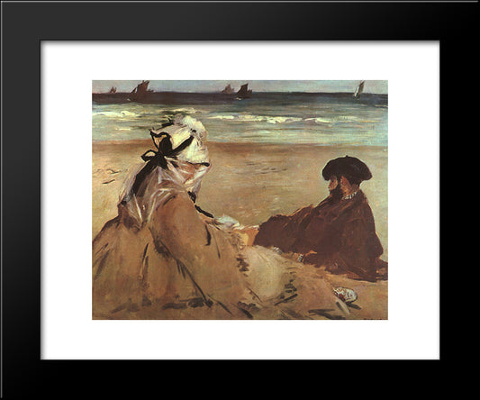 On The Beach 20x24 Black Modern Wood Framed Art Print Poster by Manet, Edouard