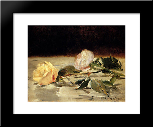 Two Roses On A Tablecloth 20x24 Black Modern Wood Framed Art Print Poster by Manet, Edouard