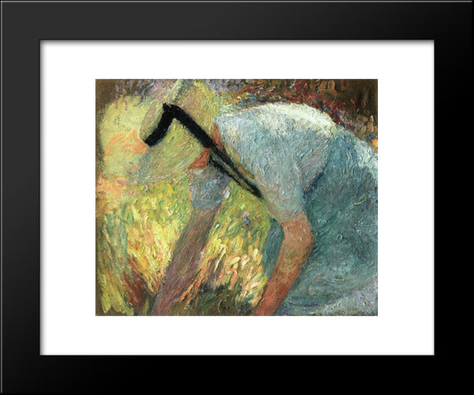 Woman In A Blue Apron And Straw Hat, Picking A Spray Of Flowers 20x24 Black Modern Wood Framed Art Print Poster by Martin, Henri