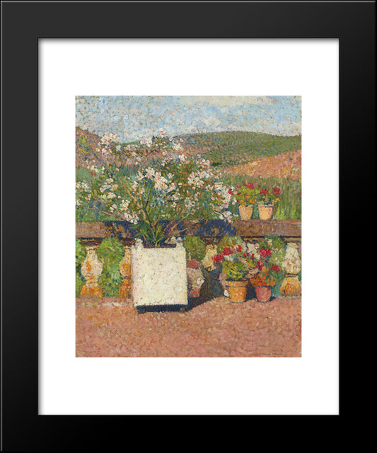 Roses And Geraniums On The Terrace At Marquayrol 20x24 Black Modern Wood Framed Art Print Poster by Martin, Henri