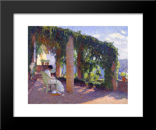 Woman Sewing On A Veranda 20x24 Black Modern Wood Framed Art Print Poster by Martin, Henri