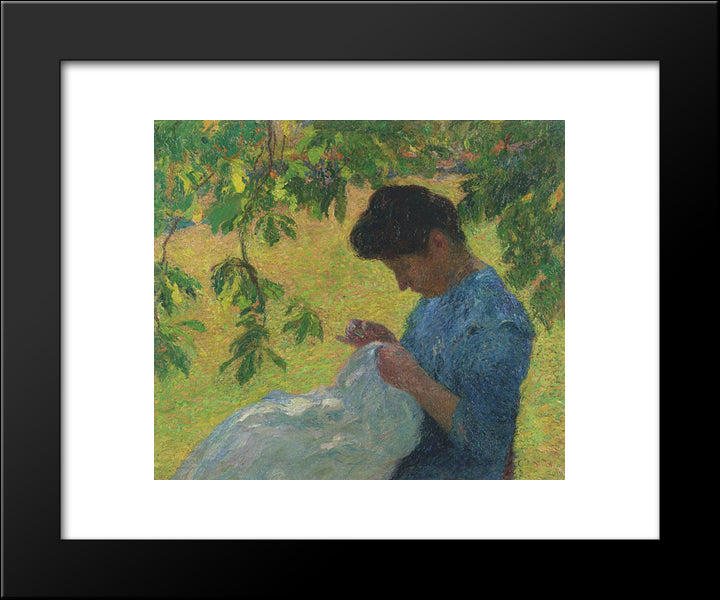 Young Woman Sewing In The Garden 20x24 Black Modern Wood Framed Art Print Poster by Martin, Henri