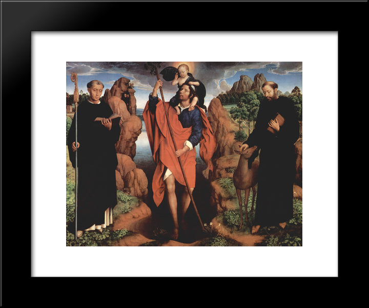 The Triptych Of Willem Moreel, Middle Panel Saint Christopher With Saint Maurus Of Glanfeuil And Saint Giles 20x24 Black Modern Wood Framed Art Print Poster by Memling, Hans