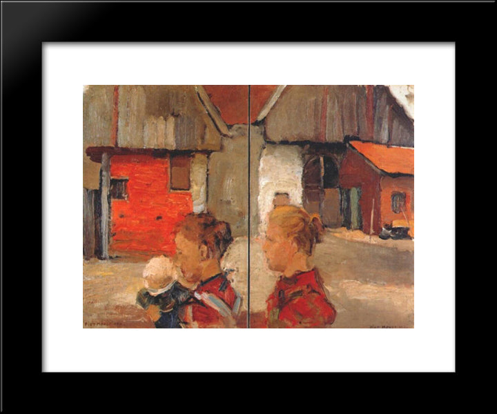 Woman And Child In Front Of A Farm 20x24 Black Modern Wood Framed Art Print Poster by Mondrian, Piet