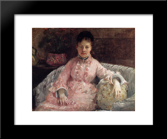 Portrait Of A Woman In A Pink Dress 20x24 Black Modern Wood Framed Art Print Poster by Morisot, Berthe
