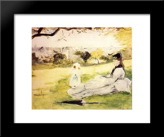 Woman And Child Seated In A Meadow 20x24 Black Modern Wood Framed Art Print Poster by Morisot, Berthe