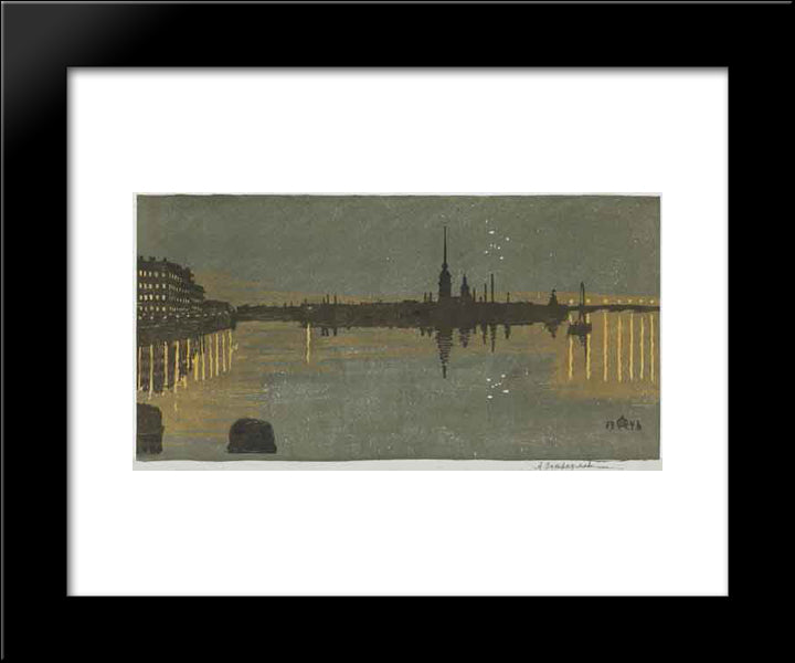 Leningrad. View Of The Fortress At Night. 20x24 Black Modern Wood Framed Art Print Poster by Ostroumova Lebedeva, Anna