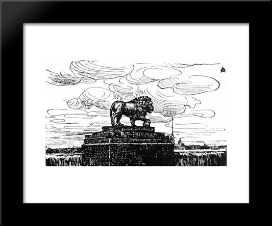 The Lion And The Fortress. Woodcut For The Magazine 'World'. 20x24 Black Modern Wood Framed Art Print Poster by Ostroumova Lebedeva, Anna
