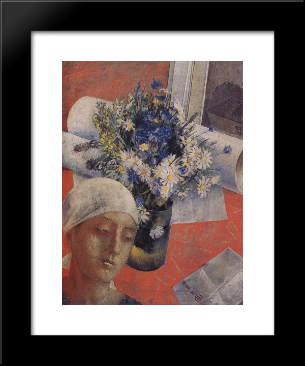 Still Life (With A Female Head) 20x24 Black Modern Wood Framed Art Print Poster by Petrov Vodkin, Kuzma