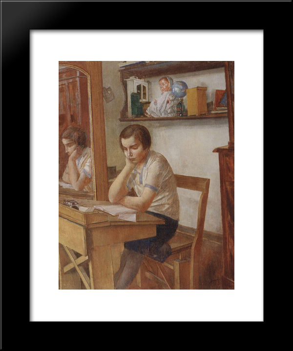 The Girl At The Desk 20x24 Black Modern Wood Framed Art Print Poster by Petrov Vodkin, Kuzma