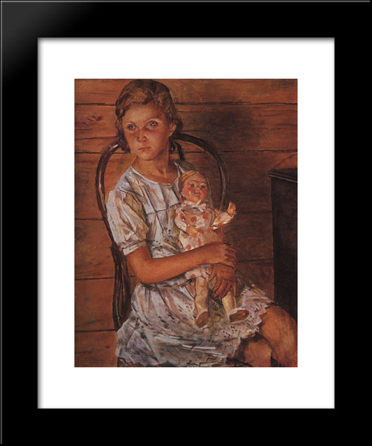 Girl With A Doll 20x24 Black Modern Wood Framed Art Print Poster by Petrov Vodkin, Kuzma