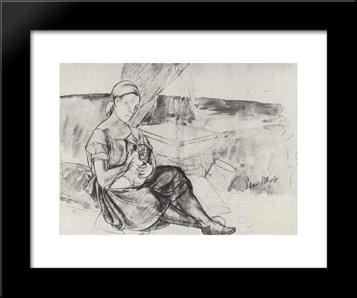 Sketch For A Picture Of Mother 20x24 Black Modern Wood Framed Art Print Poster by Petrov Vodkin, Kuzma