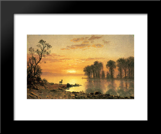 Sunset, Deer, And River 20x24 Black Modern Wood Framed Art Print Poster by Bierstadt, Albert