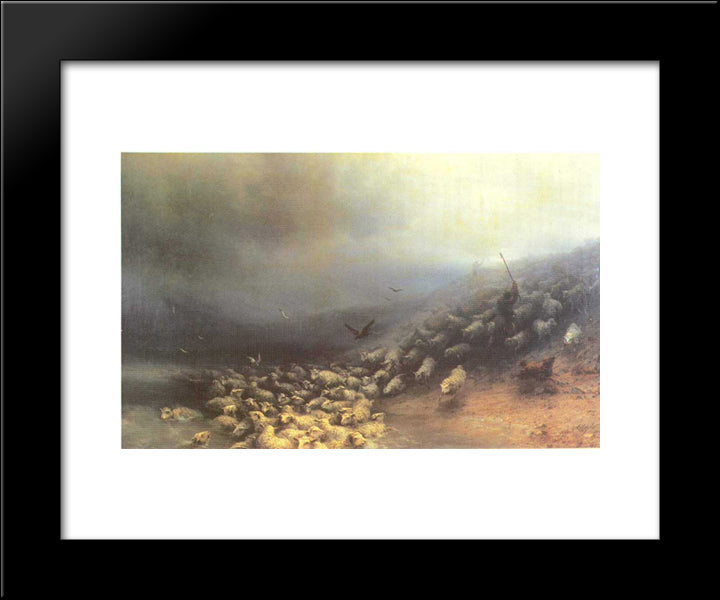Flock Of Sheep At Gale 20x24 Black Modern Wood Framed Art Print Poster by Aivazovsky, Ivan