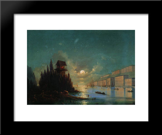 View Of Seaside Town In The Evening With A Lighthouse 20x24 Black Modern Wood Framed Art Print Poster by Aivazovsky, Ivan