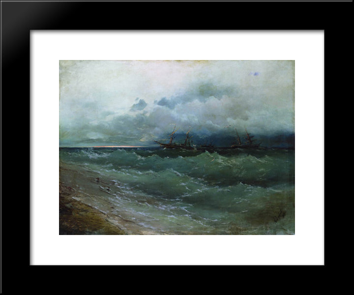 Ships In The Stormy Sea. Sunrise 20x24 Black Modern Wood Framed Art Print Poster by Aivazovsky, Ivan