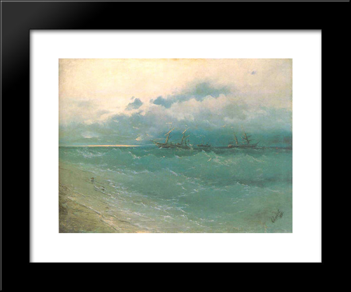 The Ships On Rough Sea, Sunrise 20x24 Black Modern Wood Framed Art Print Poster by Aivazovsky, Ivan