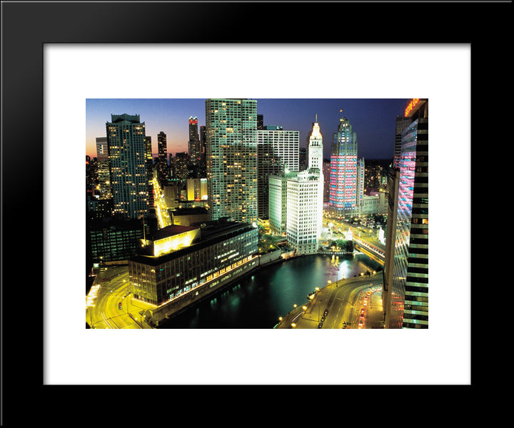 Downtown Chicago At Night 20x24 Black Modern Wood Framed Art Print Poster
