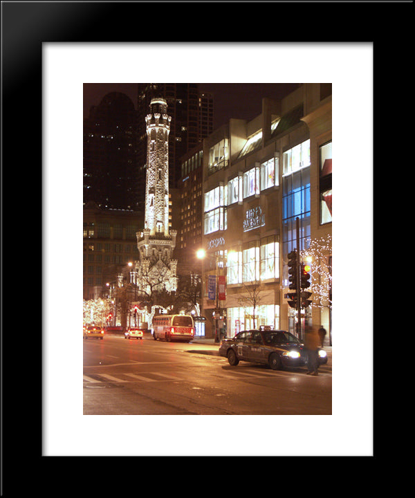 Chicago Water Tower At Night 20x24 Black Modern Wood Framed Art Print Poster
