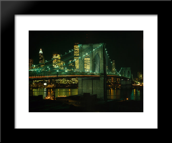 New York City Brooklyn Bridge At Night 20x24 Black Modern Wood Framed Art Print Poster