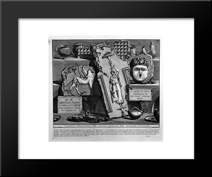 The Roman Antiquities, T. 2, Plate Xiv. Inscriptions And Fragments Of The Burial Chambers Of The Family Arrunzia (Figures Carved From Barbault) 20x24 Black Modern Wood Framed Art Print Poster by Piranesi, Giovanni Battista